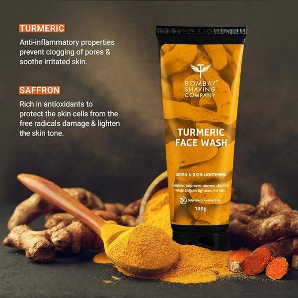 Ingredients: turmeric Product description Introducing Bombay Shaving Company’s Turmeric Face Wash that de-tans and rejuvenates your skin. Turmeric contains Curcumin that clears up your skin to give you the glow you deserve. Saffron helps in getting rid of dark circles. This effective combination of superfoods & superactives in the Turmeric Face Wash for men & women, de-tans and deep cleanses your skin.